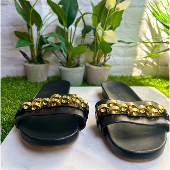 Veronica Beard ENI black Chain-Trimmed Leather Slides Gold hardware size 7 - Picture 13 of 14